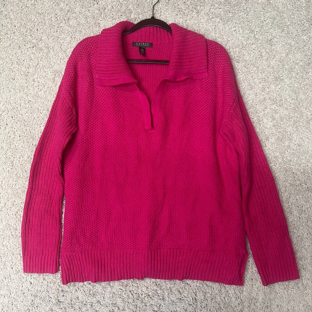 Lauren Ralph Lauren Sweater‎ Womens Large Pink Knit Collar Preppy Comfort Basic
